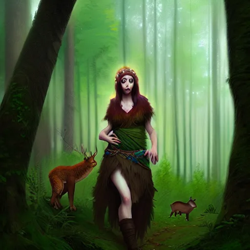 Image similar to a pretty female druid surrounded by forest animals, in the woods, hyper realistic, digital painting, photorealistic, in the style of greg rutkowski, detailed face