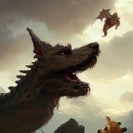Prompt: a dog, a little terrier, looking up a huge dragon flying overhead, beautiful fantasy painting by greg rutkowski