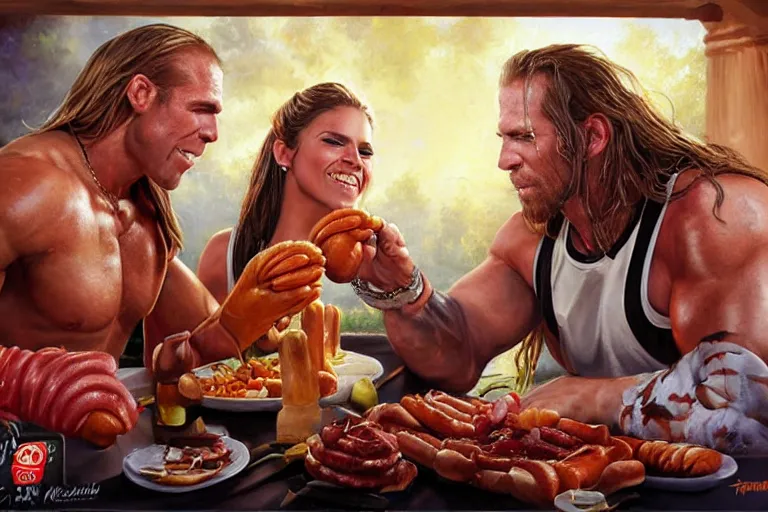 Prompt: portrait of wwf shawn michaels and queen elizabth sharing hotdogs, an oil painting by ross tran and thomas kincade