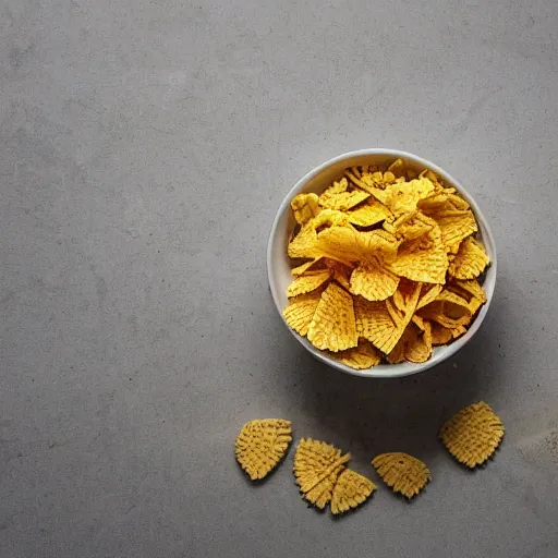 Image similar to a bowl of cornflakes in milk on a yellow table shot from above