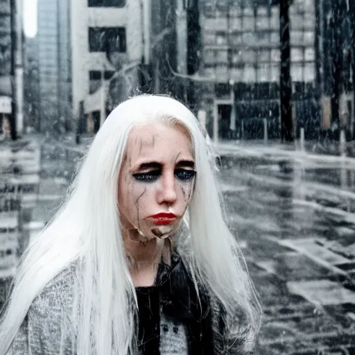 Image similar to white haired girl, dark eye liner, scar, future, dystopian, rain, city scape