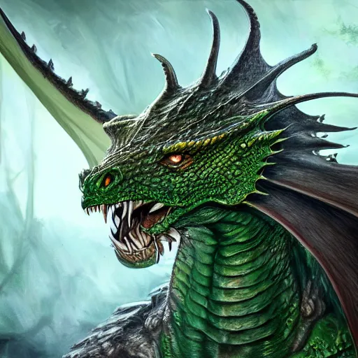 Prompt: realistic, portrait, painting, large green dragon, kodachrome, cgi, hd, detailed, dungeons and dragons