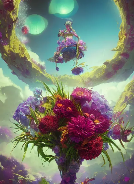 Image similar to An epic fantastic realism comic book style painting of the most beautiful flowers launched across the galaxy, bouquets, fisheye lens, unreal 5, DAZ, hyperrealistic, octane render, dynamic lighting