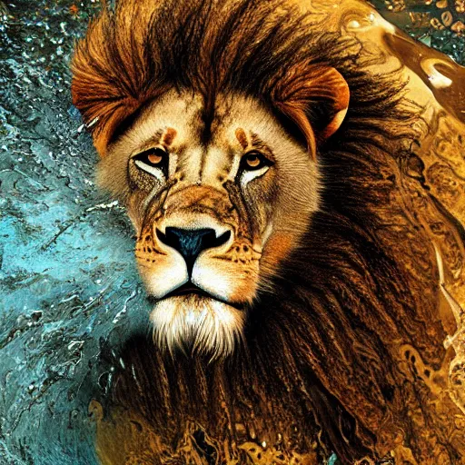 Image similar to a male lion's face breaching through a wall of water, water sprites, splashing, deep blue water color, highly detailed, realistic digital art