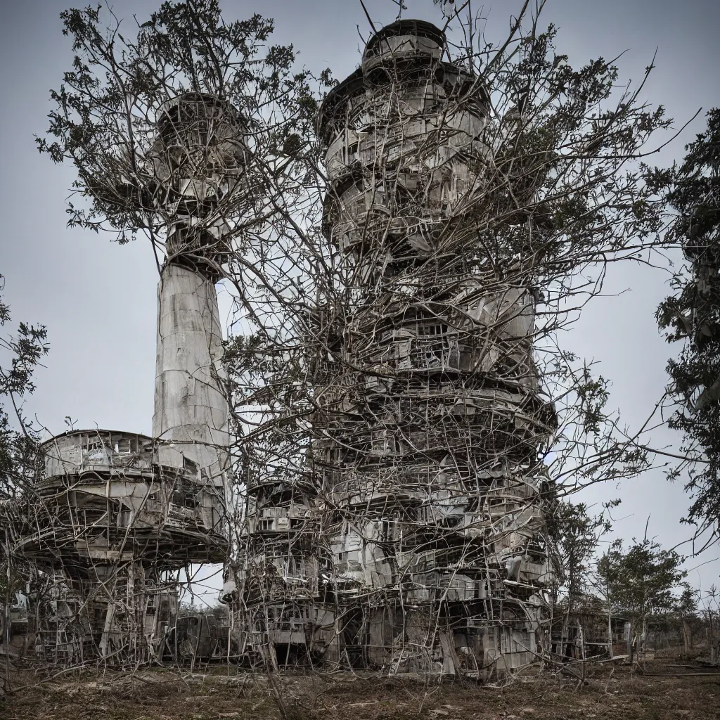 Image similar to a circular tower, made up of makeshift squatter shacks, dystopia, sony a 7 r 3, f 1 1, fully frontal view, ultra detailed, photographed by sugimoto hiroshi,