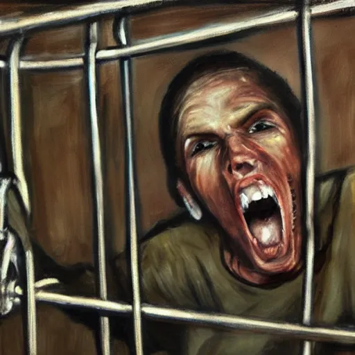 Image similar to skinny prisoner screaming holding prison bars, realism, oil painting