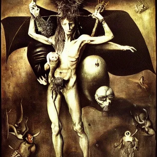 Prompt: iconic photo of the rock and roll devil by hieronymus bosch, joel peter witkin, annie liebovitz, rembrandt.