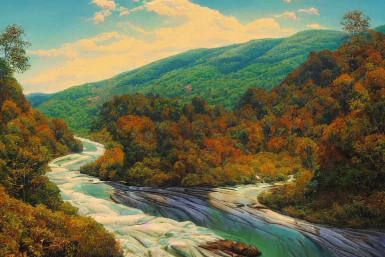 Prompt: two rivers converge to form one larger river, appalachian mixed mesophytic forest, vibrant blue sky background, by Cortes Thurman the greatest Barbizon-influenced concept artist ever known and by Joe Jusko, rendered in hyperdetailed Ultra HD, trending on ArtStation, luminous gouache on cedar plank