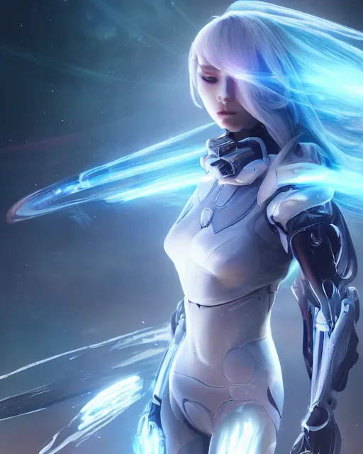 Image similar to perfect android girl on a mothership, warframe armor, beautiful face, scifi, futuristic, galaxy, nebula, raytracing, dreamy, long white hair, blue cyborg eyes, sharp focus, cinematic lighting, highly detailed, artstation, divine, by gauthier leblanc, kazuya takahashi, huifeng huang