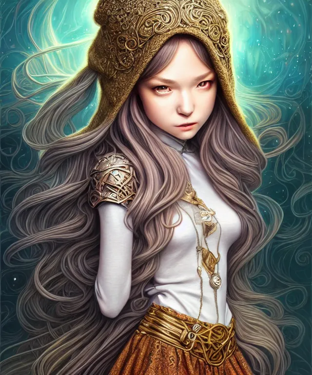 Prompt: Portrait of The Most Beautiful Woman On Earth , D&D, fantasy, intricate, richly detailed colored 3D illustration of a beautiful ornated cute body with long metallic hair wearing a hoodie and short skirt that is happy and curious. background with completely rendered reflections, art by Range Murata and Artgerm highly detailed, digital painting, trending on artstation, sharp focus, illustration, style of Stanley Artgerm, perfect smile and tooth