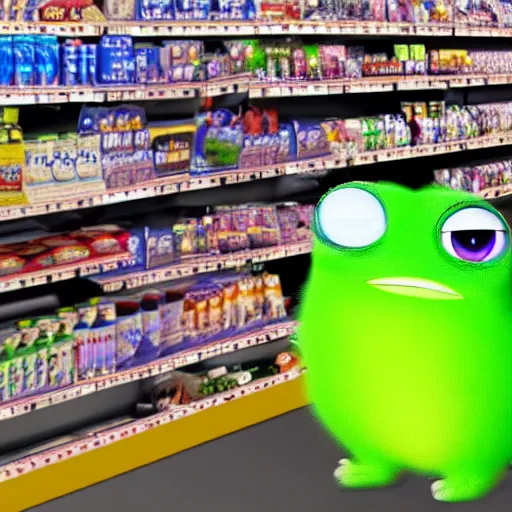 Image similar to cctv cam footage of Mike Wazowski on convenience store