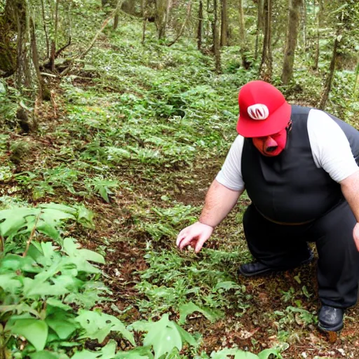 Image similar to fat italian man dressed as mario eating wild mushrooms off the forest floor