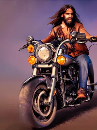 Prompt: handsome man with long hair riding a harley davidson in the wild. intricate, elegant, highly detailed, digital painting, artstation, cinematic shot, concept art, sharp focus, illustration, by justin gerard and artgerm, 8 k