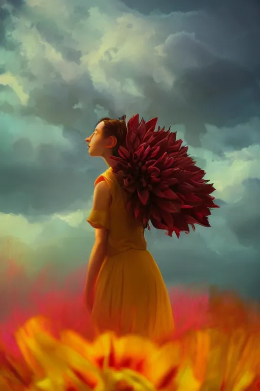 Image similar to closeup giant dahlia flower under head, girl standing on mountain, surreal photography, blue storm clouds, dramatic light, impressionist painting, digital painting, artstation, simon stalenhag