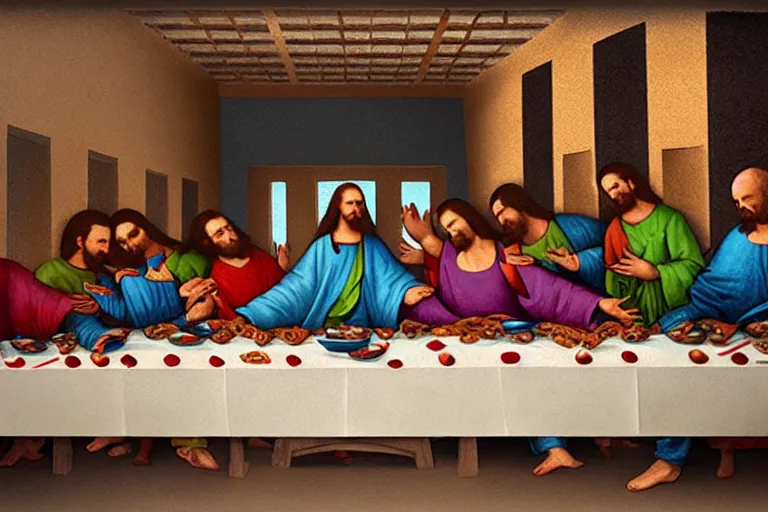 Image similar to tasteless magazine ad of the last supper in a taco bell