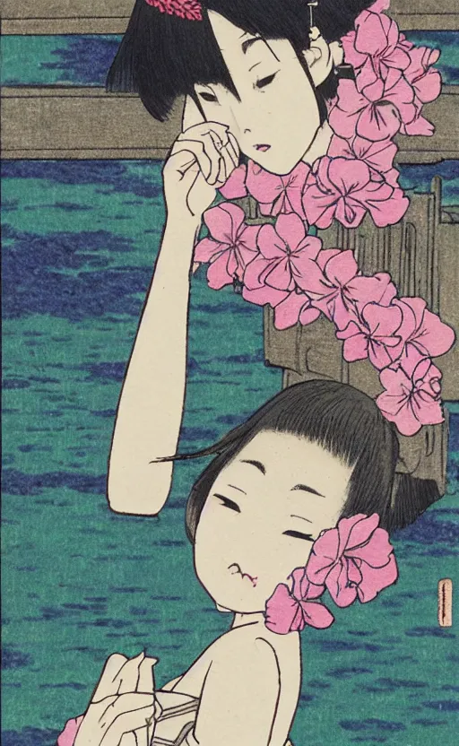 Prompt: by akio watanabe, manga art, a girl sitting on small wooden lake bridge and iris flowers, trading card front, kimono, realistic anatomy