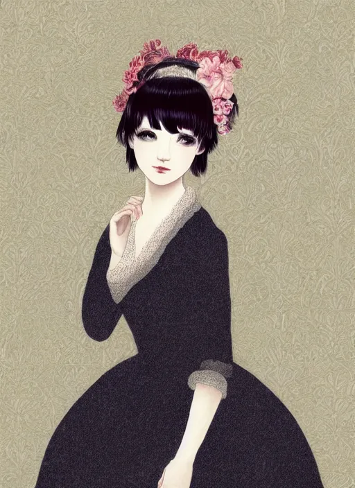 Image similar to a photograpic portrait of young woman, pride and prejudice, kawaii style, with kind face, dark hair, georgian dress, intricate, elegant, highly detailed, digital painting, smooth, sharp focus