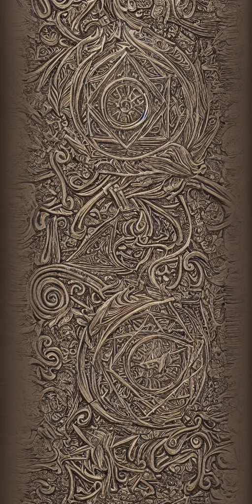 Image similar to A highly detailed and intricate image of an ancient, dusty grimoire, leather bound, carved lettering, three color scheme, 3d render, 4k, dark arts,