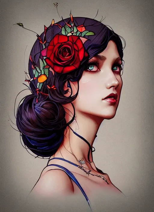 Prompt: beautiful woman splash art wearing a dress made stained glass in the design of a rose. masterpiece by artgerm and greg rutkowski and ilya kuvshinov paul lerh