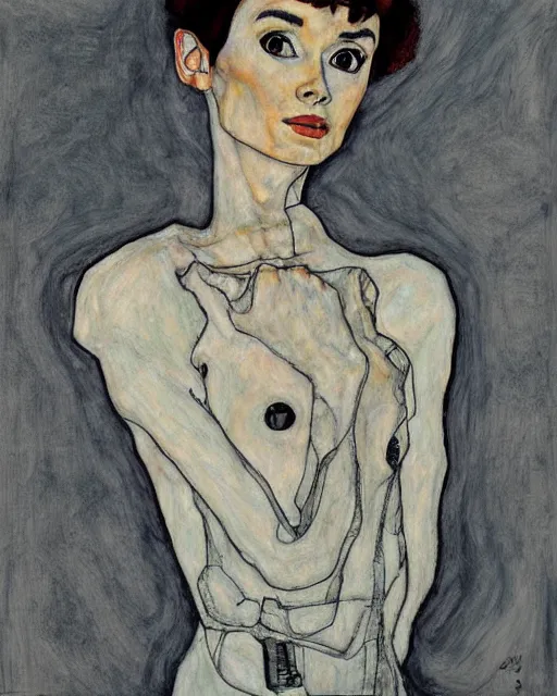 Image similar to portrait of audrey hepburn as an android by egon schiele in the style of greg rutkowski