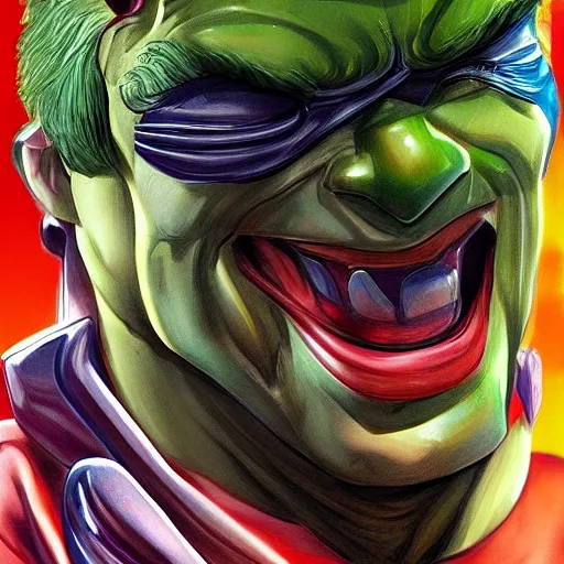 Prompt: a bodybuilder Hulk joker Android head in Rococo art