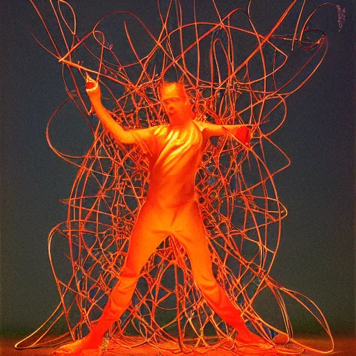 Prompt: A beautiful kinetic sculpture of a a bright and fiery soul a power to do great things; but I fear you may one day unleash such a tempest of fire that you may consume yourself, and all the world around you. the matrix by Franklin Booth, by Jeff Wall dignified