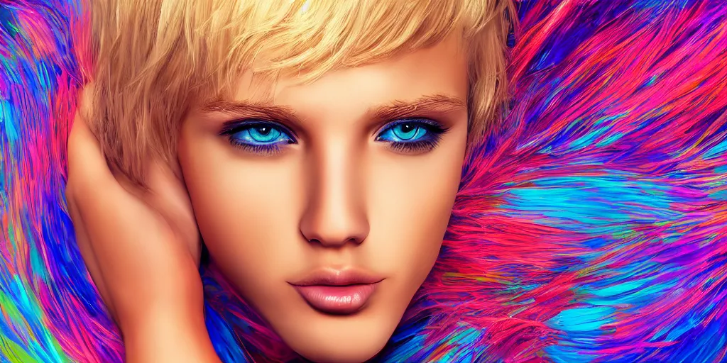 Image similar to extremely beautiful blonde young man with hyperealistic glossy eyes, digital art, colourful background seductive.