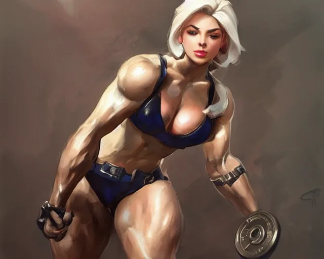 Image similar to portrait of ashe from overwatch as a beautiful female bodybuilder amazon with plump lips, elegant, fantasy, hd shot, digital portrait, beautiful, artstation, comic style, by artgerm, guy denning, jakub rozalski, magali villeneuve and charlie bowater