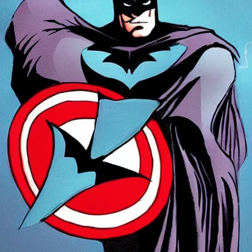 Image similar to high quality art of batman with captain's america shield in his hand