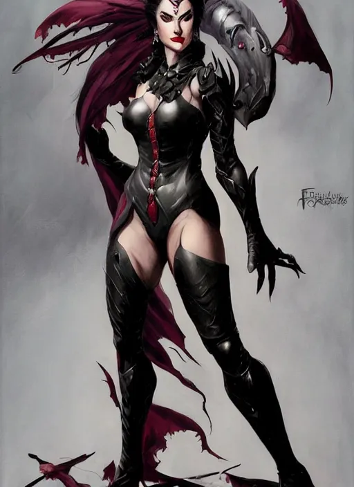 Image similar to portrait of a beautiful vampire lady, armor plating, painted by frank frazetta and artgerm