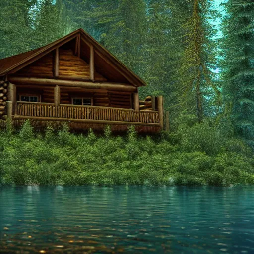 Image similar to a cabin in the woods, underwater, dense trees, dark, eerie, 8k, high definition, highly detailed, photo realistic