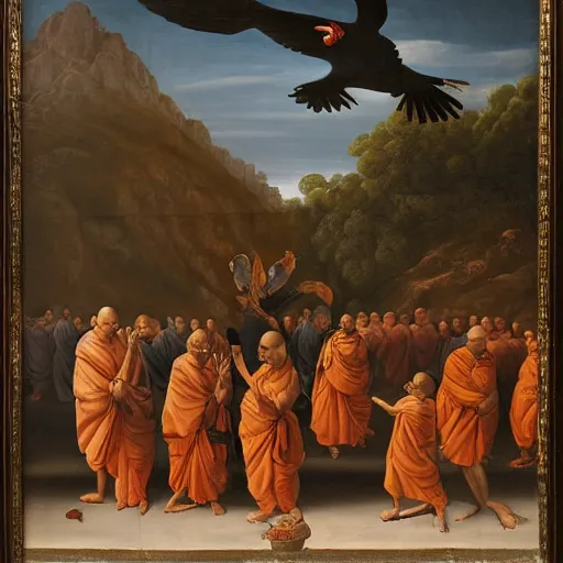 Image similar to blindfolded hindu monks following giant crow greek senete baroque painting, lionardo davinchi