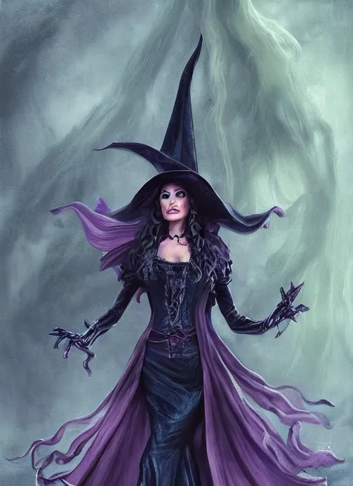 Image similar to beautiful female witch, rebecca romijn as wicked witch of the west, full body character concept, evil, powerful, magic, art nouveau, super powers, fantasy, intricate, elegant, mistique, horrifying, highly detailed, digital painting, artstation, concept art, shining, sharp focus, illustration, art by stanley lau