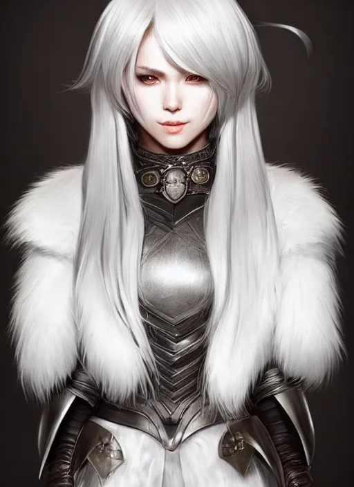 Image similar to warrior, fur leather armor!!! beautiful and elegant white hair female!! gorgeous ayes!! character concept art, sharp focus, octane render! unreal engine 5! highly rendered!! trending on artstation!! detailed linework!! illustration by artgerm, wlop, and chie yoshii