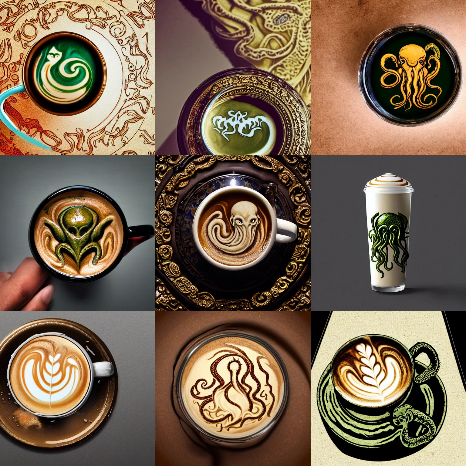 Prompt: latte art showing cthulhu, top view, lovecraft illustration, 1920 style, hyper realistic extreme shine details, translucent glass shine, extreme ornate intricate bottle and cork detail, condensation droplet render, Octane render, full frame