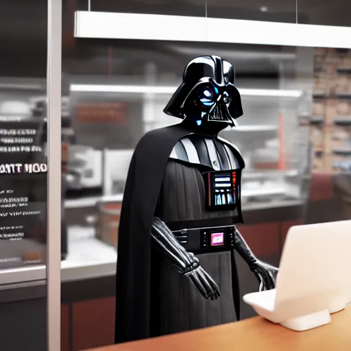 Image similar to darth vador working at dunkin donuts , 8k cinematic lighting, very sharp detail, anatomically correct