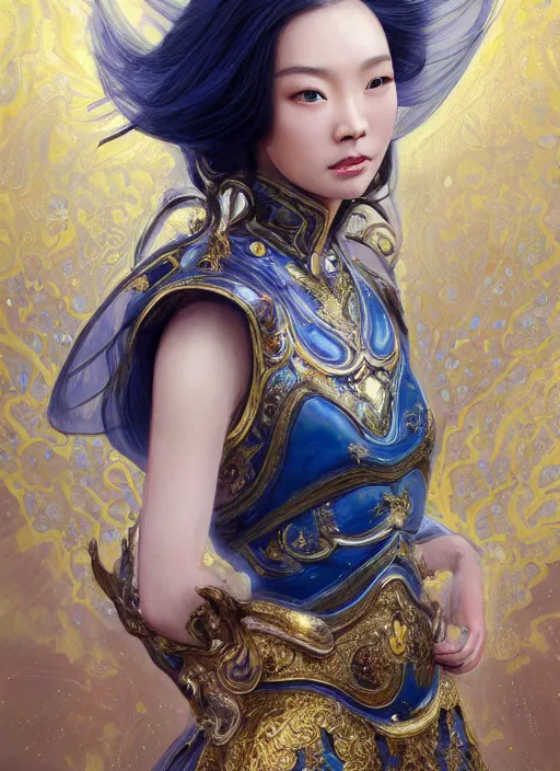 Prompt: portrait of a beautiful celestial Rainie Yang Cheng Lin, multiversal hair, gold and royal blue luxurious armour, elegant, captivating, chic, high-end, ethereal Pamukkale, highly detailed, realistic eyes, illustration, chic, smooth, sharp focus, rule of thirds, holy glow,, 4k, by Peter Mohrbacher, alphonse Mucha, Charlie Bowater, Loish, Karol Bak, Greg Hildebrandt,