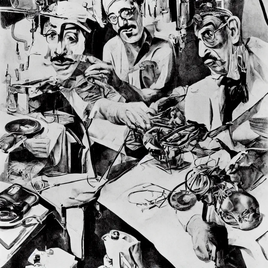 Prompt: a cartoon of groucho marx performing brain surgery, lightly texural, saturated color scheme