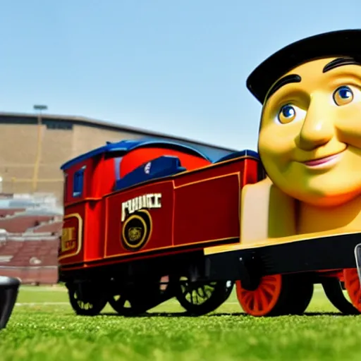 Prompt: purdue pete as thomas the tank engine on a football field