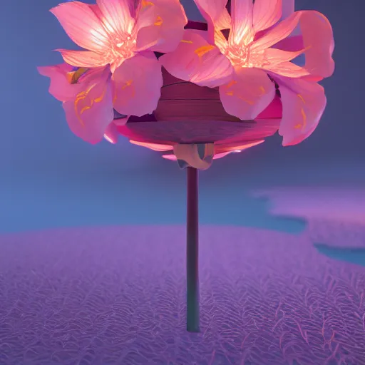 Prompt: Luminescent flower blooming at twilight, cgsociety, r /art, trending on artstation, artstationHD, octane render, highly detailed, cel-shaded, vray, volumetric lighting, unreal engine