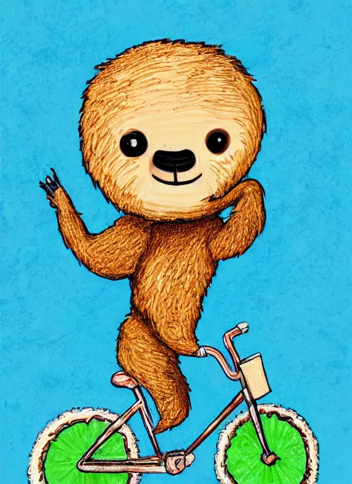 Image similar to drawing of a sloth urban outfitters style riding a bike going to the beach