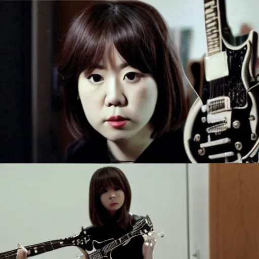 Prompt: real-life Yui Hirasawa with a Gibson Pre-'08 Les Paul Standard, a still of a Japanese movie
