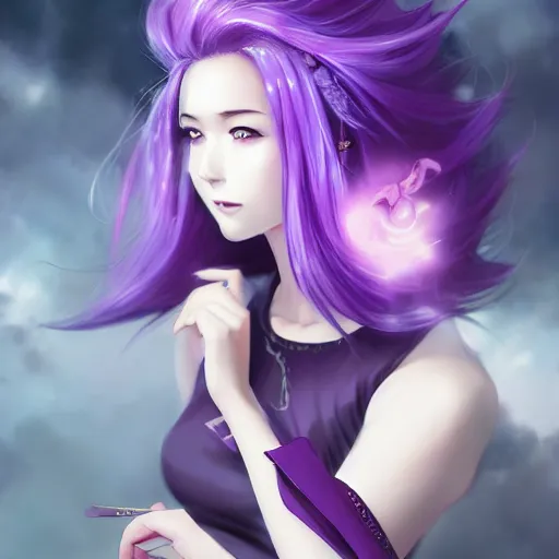 Image similar to beautiful anime woman with purple hair, ( ( ( ( ( unicorn horn ) ) ) ) ) ( ( ( purple eyes ) ) ), a purple tuxedo, sharp focus, intricate, cell shaded, award winning photography, cinematic, digital painting, cinematic, wlop, 8 k, by ross tran, tom bagshaw