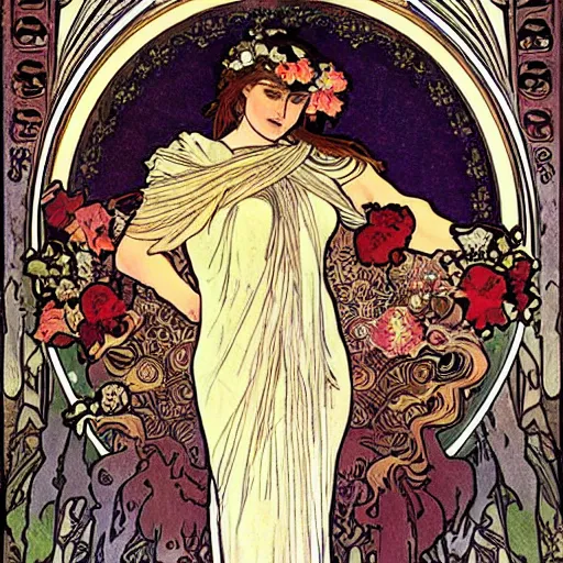 Prompt: persephone as godess of hell, death and flowers, painted by alphonse mucha