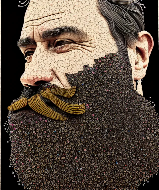 Prompt: a striking! detailed!! portrait of a rugged middle aged man with a greying beard, shards of the evening ascending like broken stained glass, hyacinth blooms surround him, hyperrealistic art nouveau, neural pointillism, earth tones, octane, 8 k