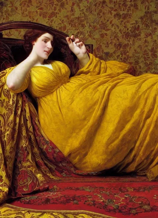 Image similar to masterpiece portrait of lady reclining on bed wearing yellow ochre ornate medieval dress, vertical, foreshortening, colour photography by frederic leighton, william morris, 8 k