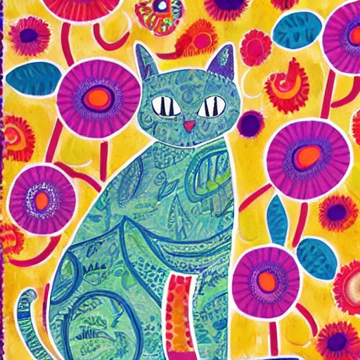 Prompt: colorful detailed patterned cat sitting in a flower garden by laurel burch