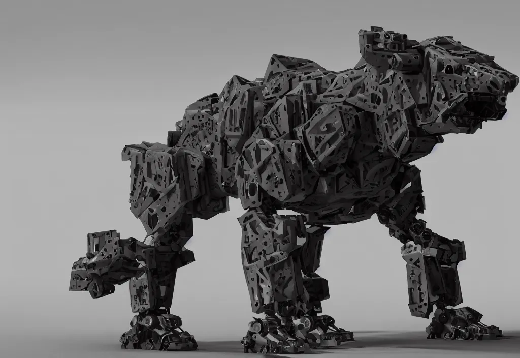 Image similar to military quadruped tiger shaped mech, with black carbon fibre muscular limbs, sinew, clean, simple, minimalist, side view, product design, modern, on an empty grimy concrete background, weta, cinematic, realistic, stylised, unreal engine, hyper realistic, octane render