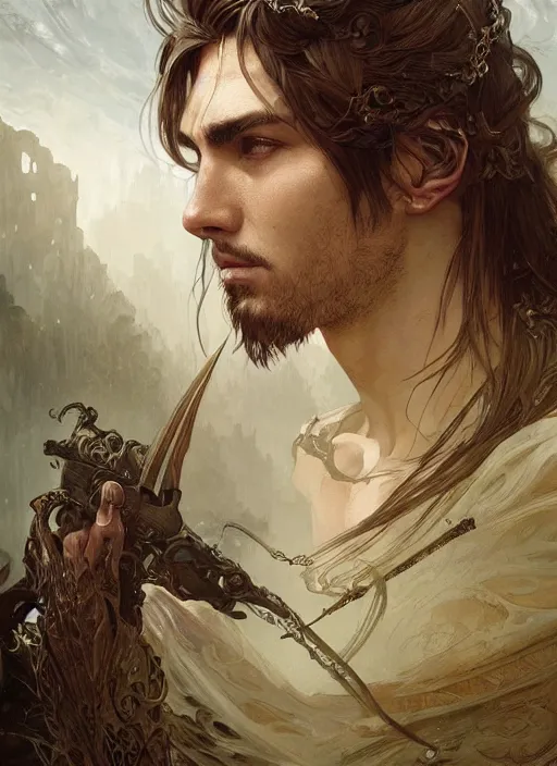 Image similar to intricate detailed portrait painting of a male fantasy ranger, old mystic ruins, afternoon, intricate, elegant, highly detailed, digital painting, sharp, focus, illustration art by artgerm and greg rutkowski and alphonse mucha