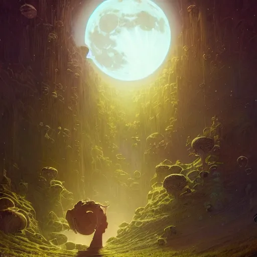 Image similar to highly detailed painting of the moon, unreal engine, fantasy art by greg rutkowski, loish, rhads, ferdinand knab, makoto shinkai and lois van baarle, ilya kuvshinov, rossdraws, tom bagshaw, alphonse mucha, global illumination, radiant light, detailed and intricate environment